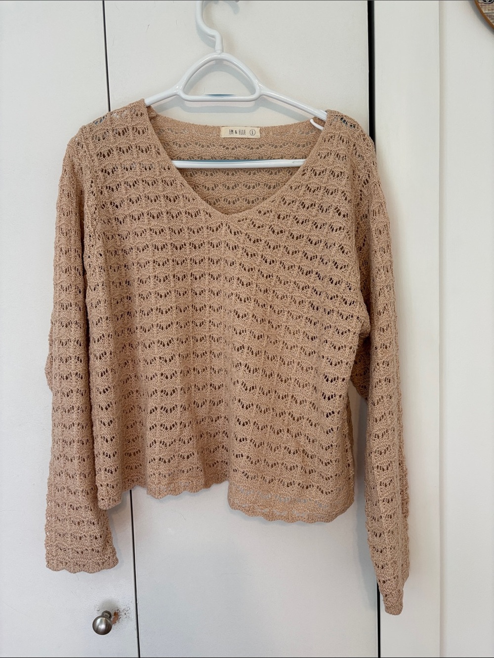 EM & ELLE Open-Knit V-Neck Sweater in Taupe